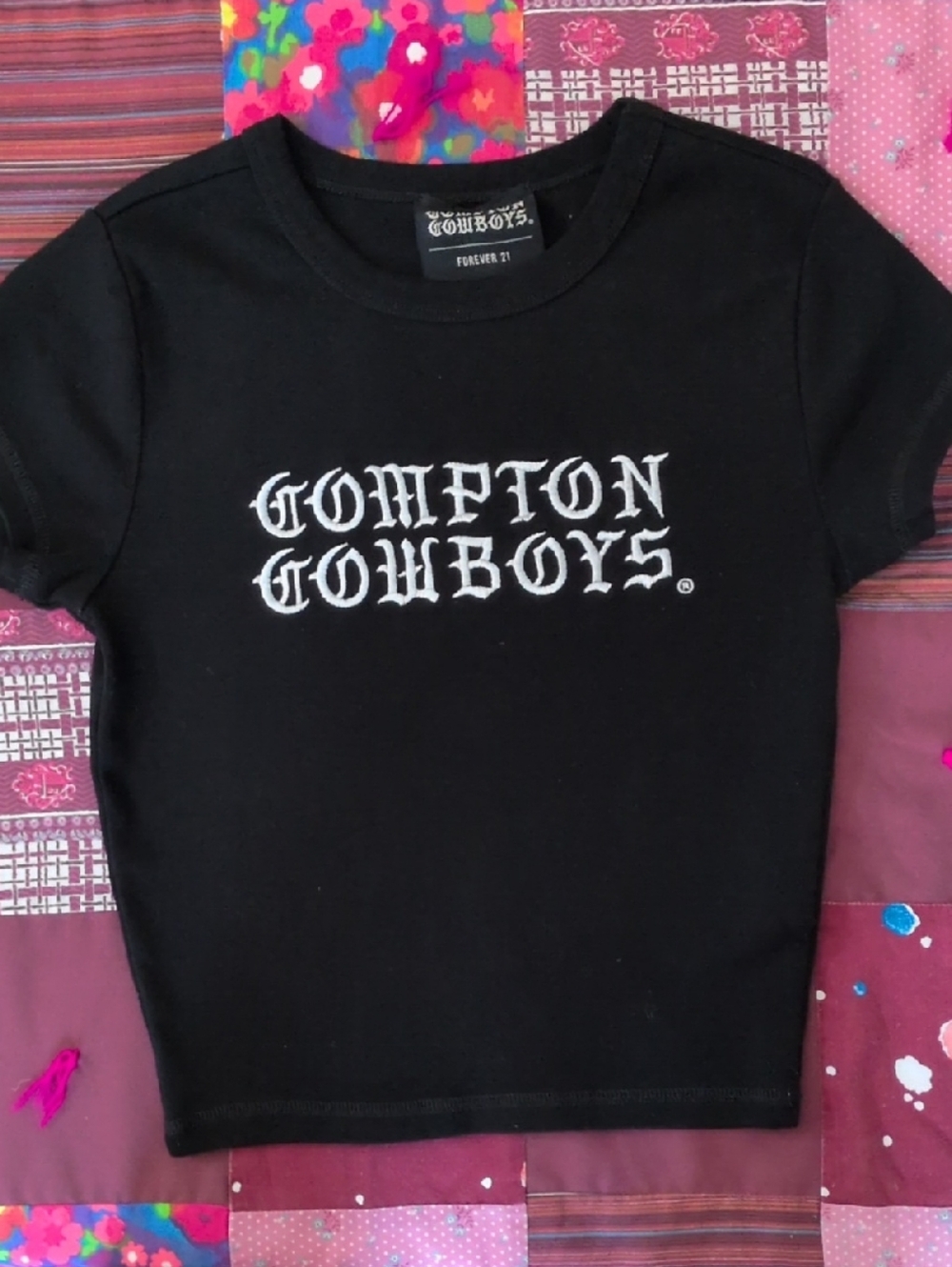 Forever 21 Black Cropped Tee with White 'Compton Cowboys' Graphic